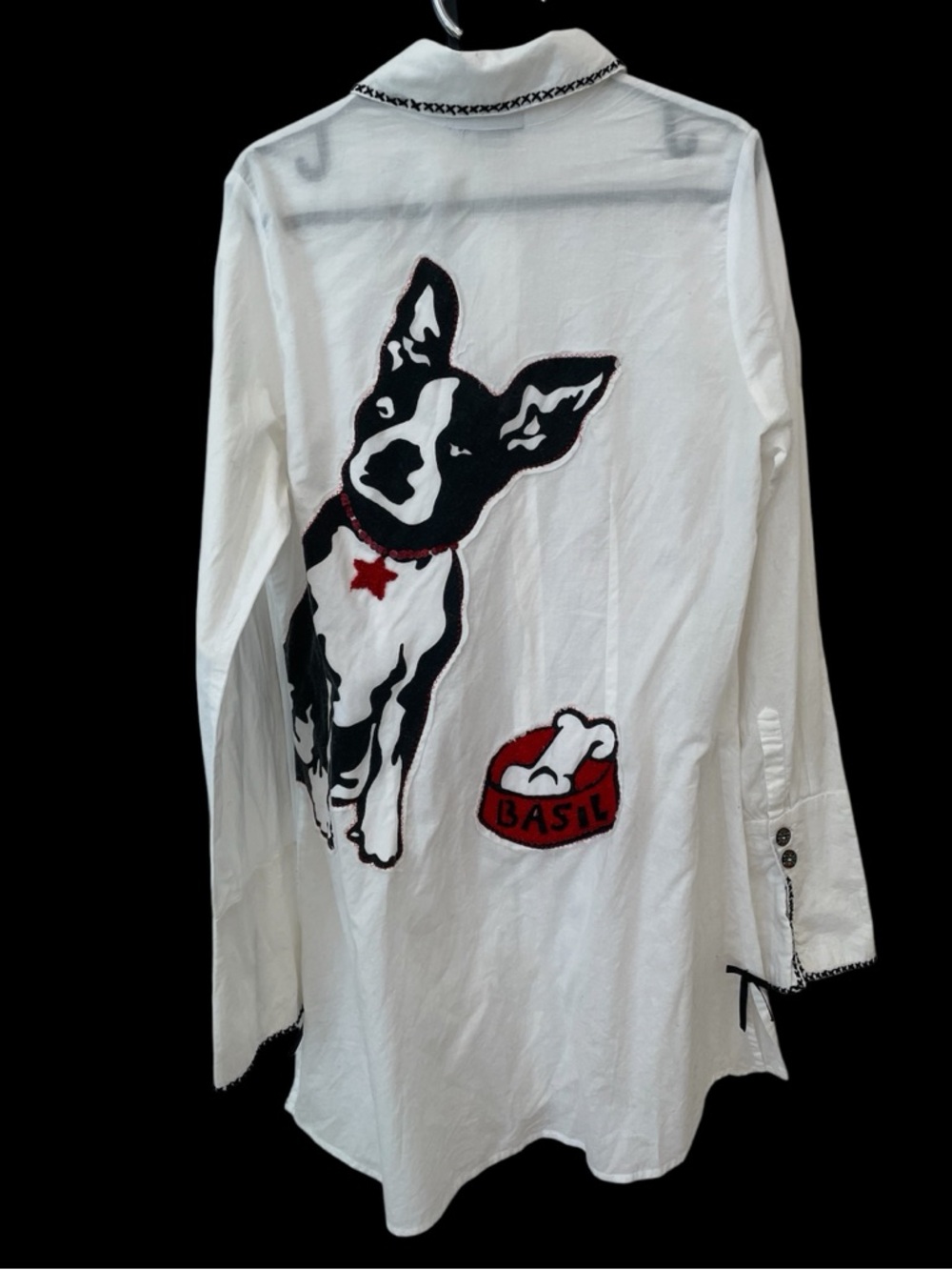 Rare Basil & Maude embroidered & beaded button down tunic shirt with dog motif